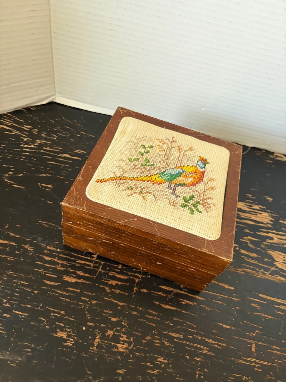 Wooden Bird Embroidered Trinket Box - Brown with Multi-Color Pheasant
